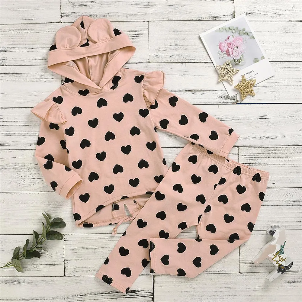 Girls Heart Printed Long Sleeve Hooded Top & Pants