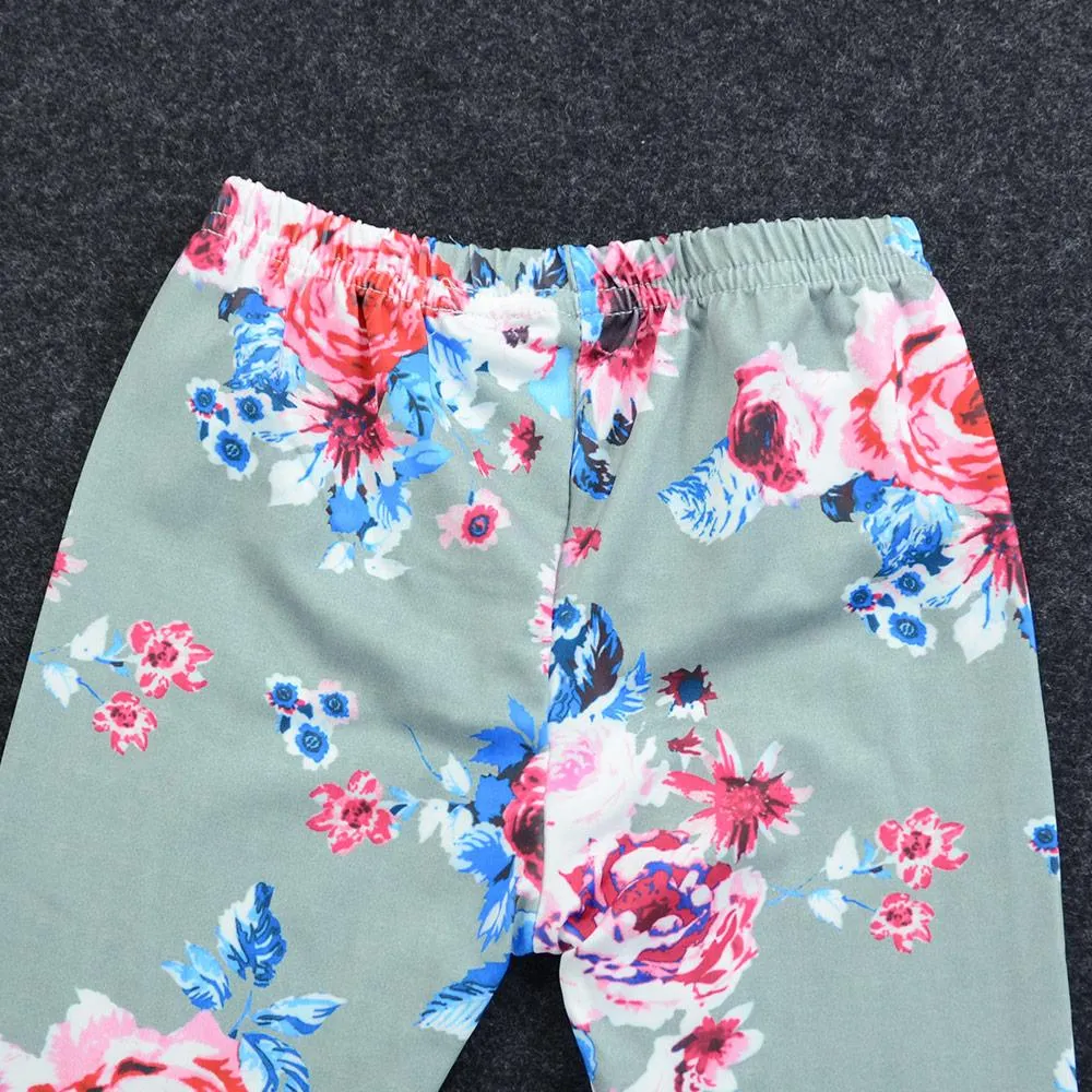 Girls Solid Flared Sleeve Top & Floral Pants Wholesale Girls Clothes