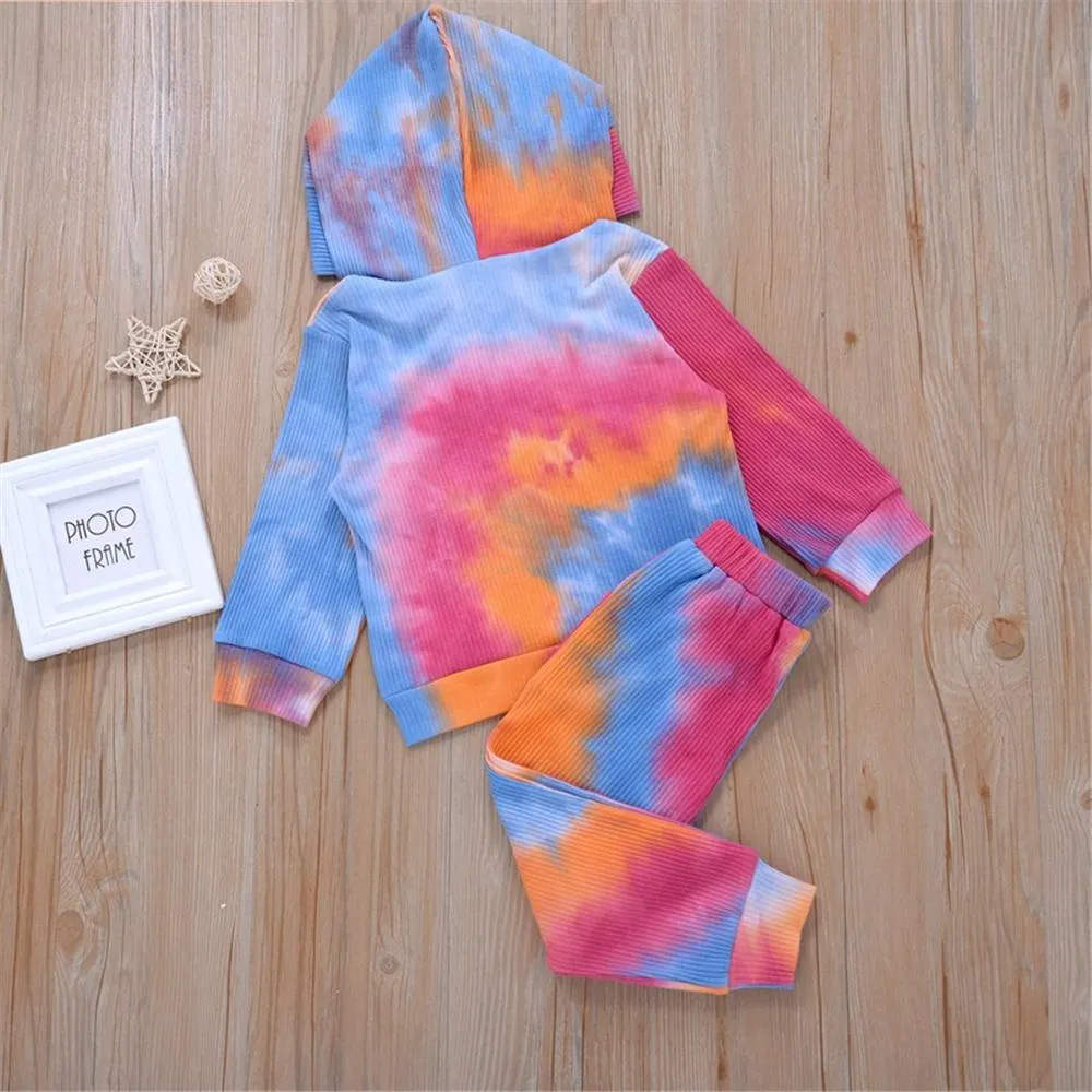 Girls Tie Dye Hooded Long Sleeve Top & Pants Wholesale Little Girl Clothing