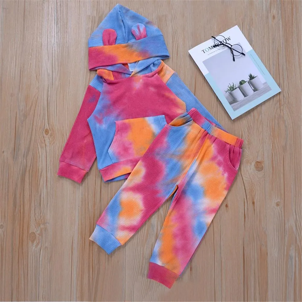 Girls Tie Dye Hooded Long Sleeve Top & Pants Wholesale Little Girl Clothing