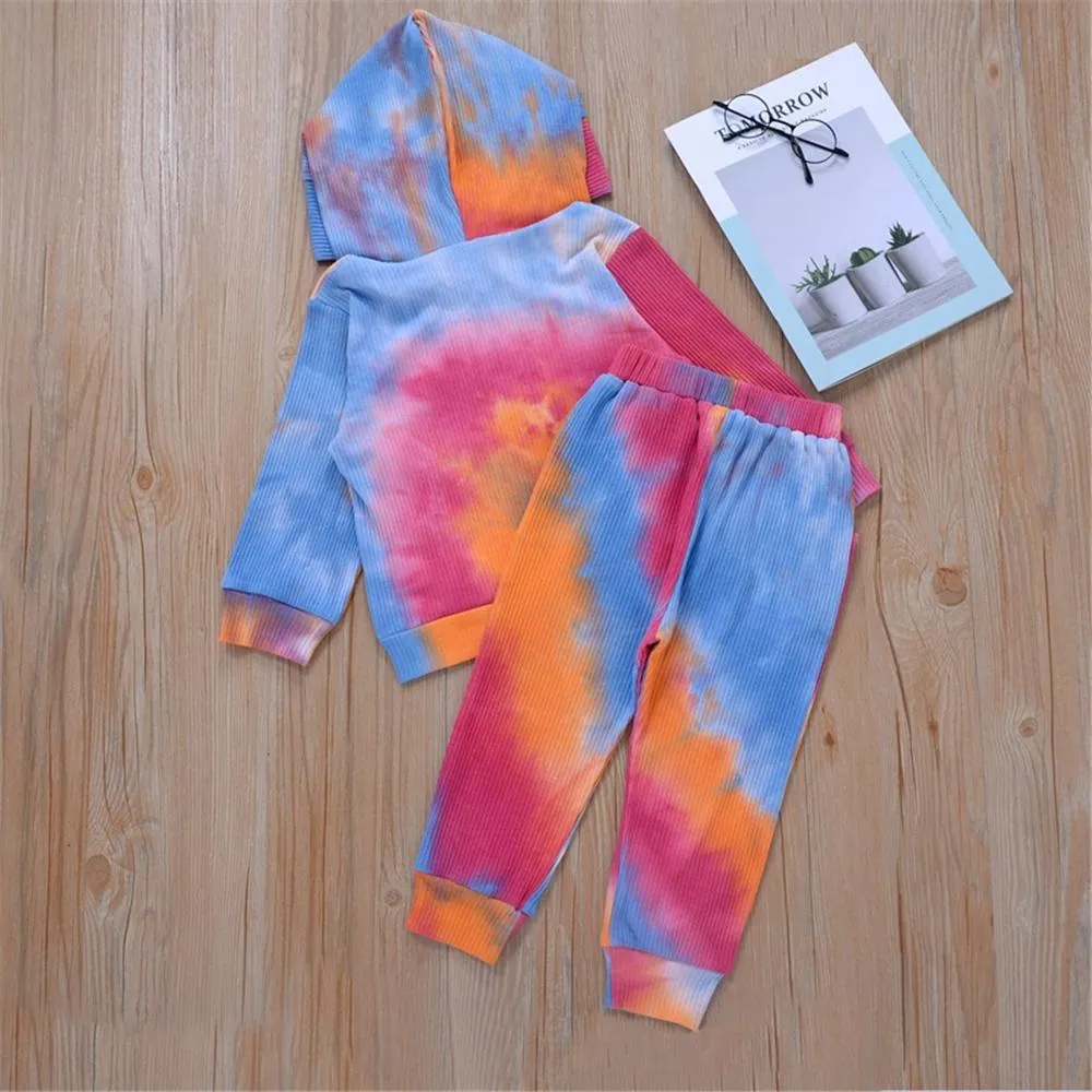 Girls Tie Dye Hooded Long Sleeve Top & Pants Wholesale Little Girl Clothing