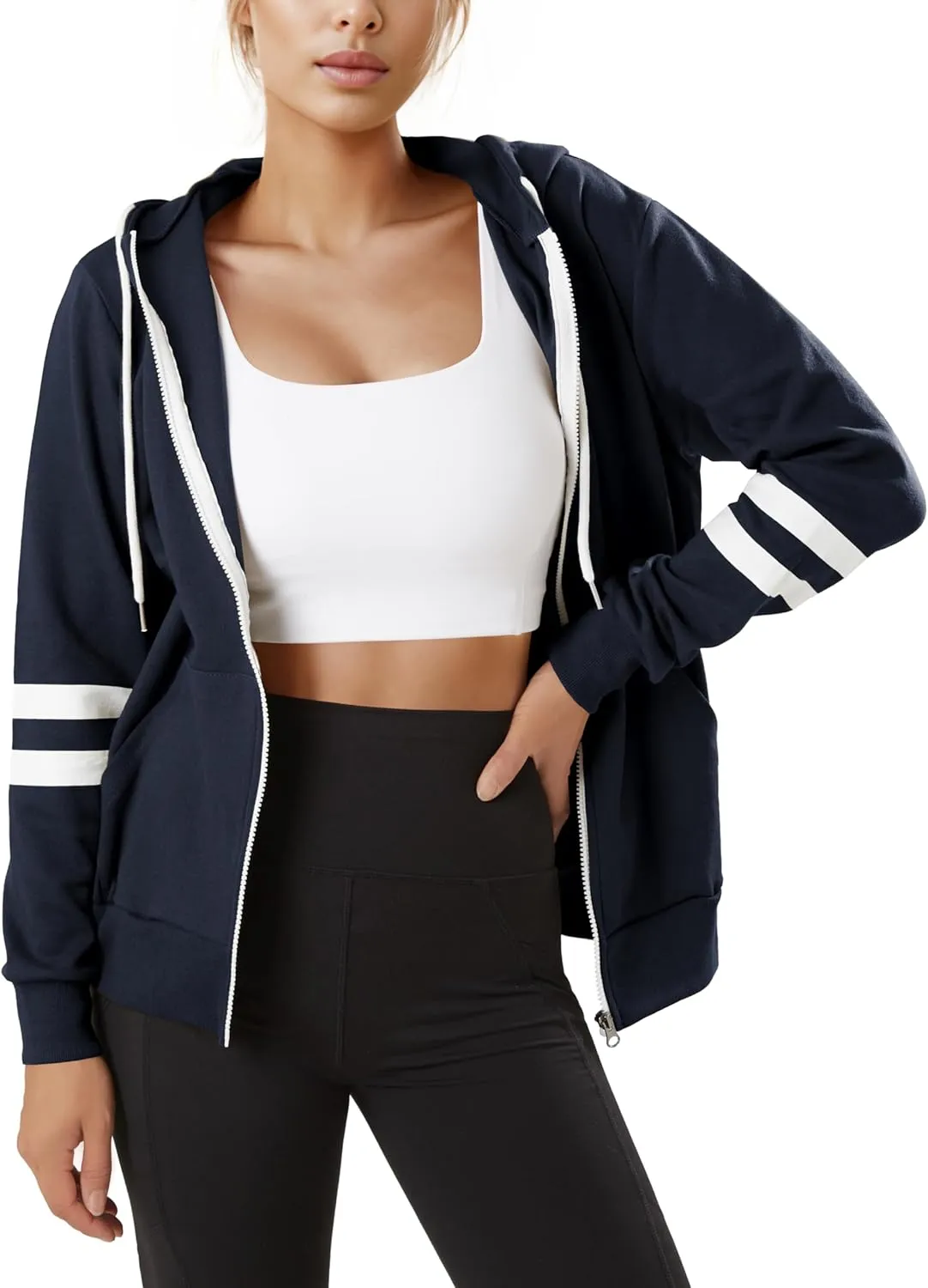 GIVON Womens Comfortable Long Sleeve Striped Hoodie Jacket Lightweight Hooded Sweatshirt with Kanga Pocket