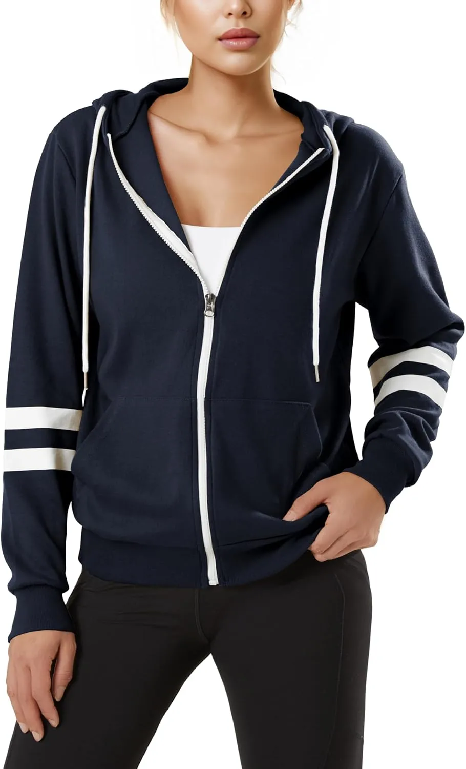 GIVON Womens Comfortable Long Sleeve Striped Hoodie Jacket Lightweight Hooded Sweatshirt with Kanga Pocket