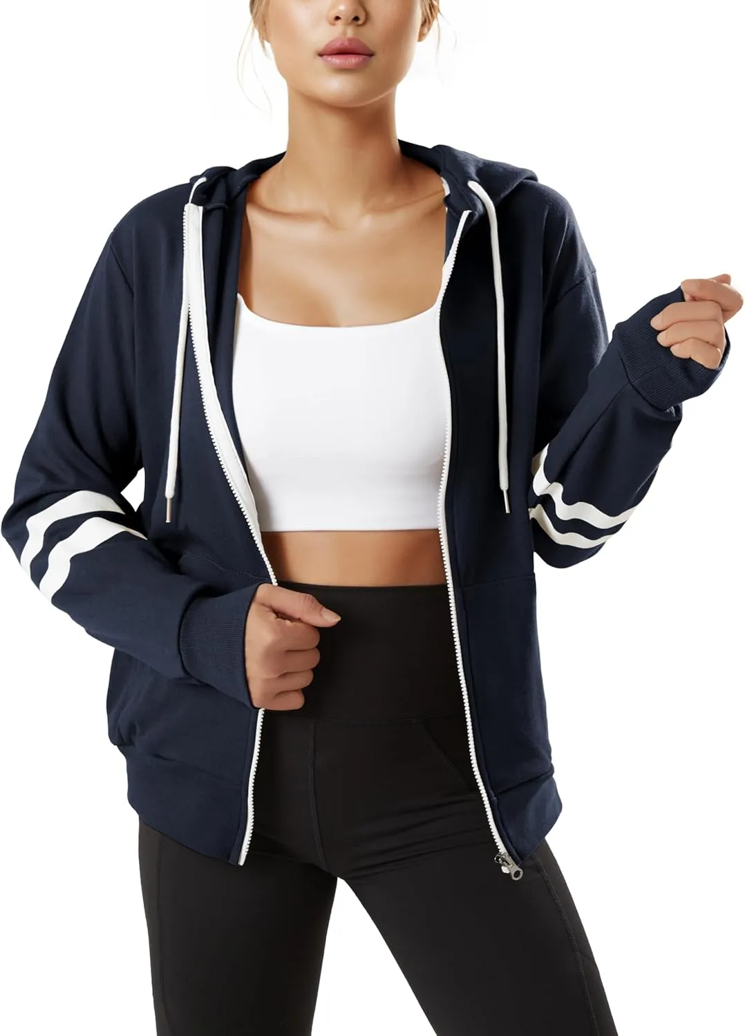 GIVON Womens Comfortable Long Sleeve Striped Hoodie Jacket Lightweight Hooded Sweatshirt with Kanga Pocket