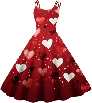 Heart Print Sleeveless Dress Elegant A-Line Swing Dress for Women Perfect for Parties & Special Occasions