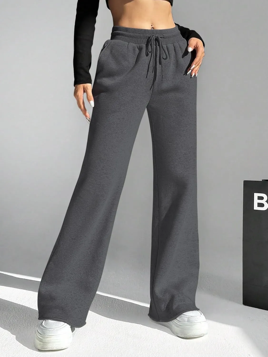 HeSaYep Women's Wide Leg Sweatpants Drawstring Ribbed Waist Baggy Sweat Pants Raw Hem Flared Lounge Pants