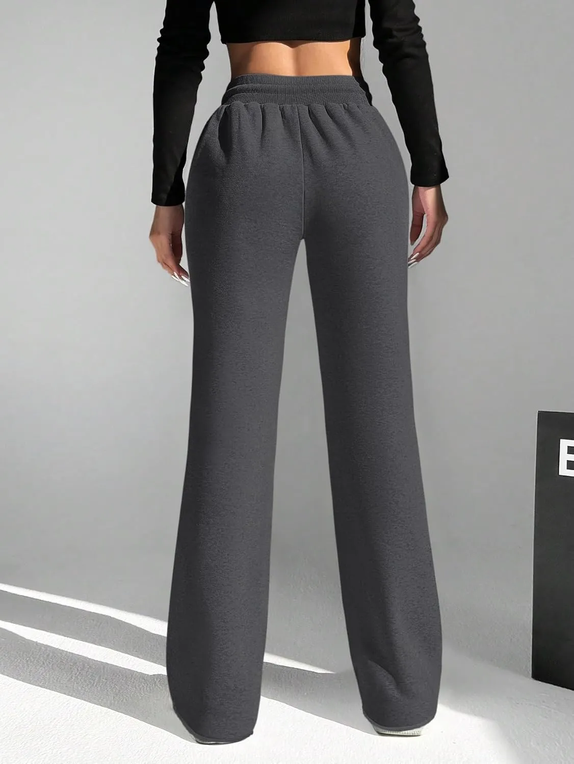 HeSaYep Women's Wide Leg Sweatpants Drawstring Ribbed Waist Baggy Sweat Pants Raw Hem Flared Lounge Pants