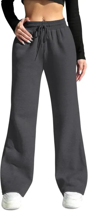 HeSaYep Women's Wide Leg Sweatpants Drawstring Ribbed Waist Baggy Sweat Pants Raw Hem Flared Lounge Pants