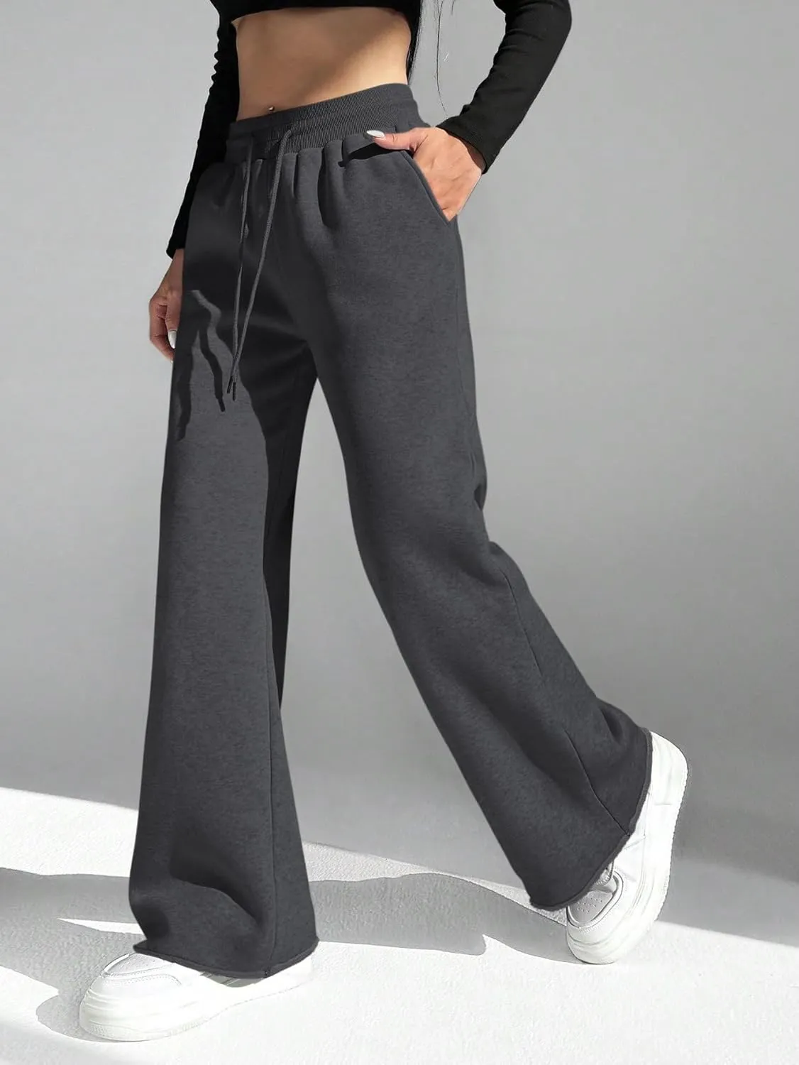 HeSaYep Women's Wide Leg Sweatpants Drawstring Ribbed Waist Baggy Sweat Pants Raw Hem Flared Lounge Pants