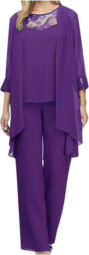 HGps8w Women 3 Pieces Mother of The Bride Pant Suits Elegant Chiffon Jacket Wedding Guest Formal Outfit Set for Evening Gown