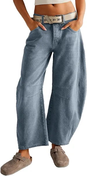 HOTIAN Barrel Jeans Women Wide Leg Mid Rise Barrel Denim Pants Vintage Horseshoe Jeans Pockets