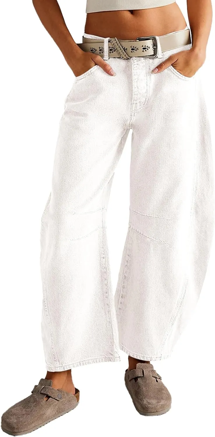 HOTIAN Barrel Jeans Women Wide Leg Mid Rise Barrel Denim Pants Vintage Horseshoe Jeans Pockets