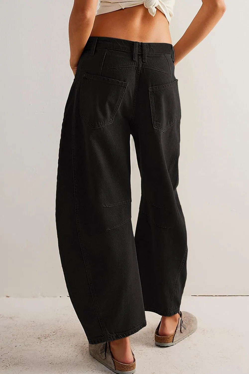 HOTIAN Barrel Jeans Women Wide Leg Mid Rise Barrel Denim Pants Vintage Horseshoe Jeans Pockets