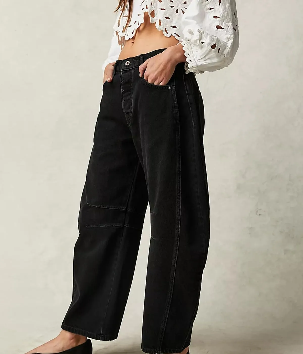 HOTIAN Barrel Jeans Women Wide Leg Mid Rise Barrel Denim Pants Vintage Horseshoe Jeans Pockets