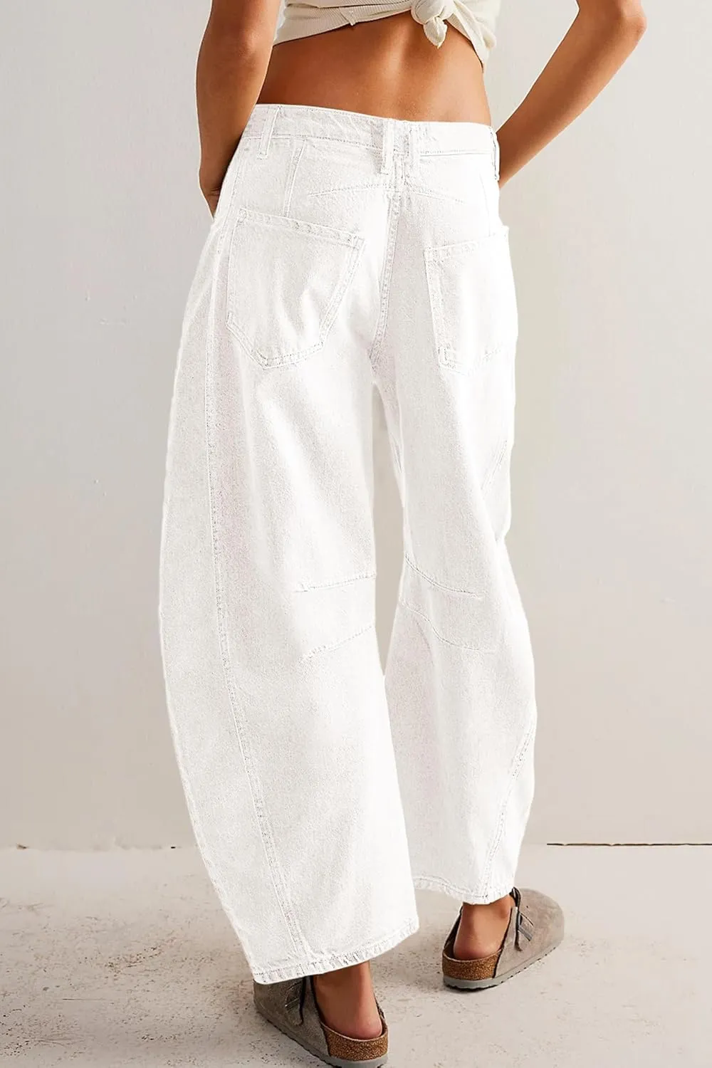 HOTIAN Barrel Jeans Women Wide Leg Mid Rise Barrel Denim Pants Vintage Horseshoe Jeans Pockets