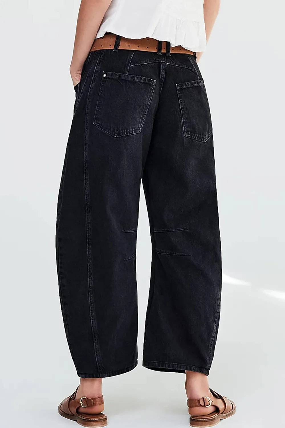 HOTIAN Barrel Jeans Women Wide Leg Mid Rise Barrel Denim Pants Vintage Horseshoe Jeans Pockets