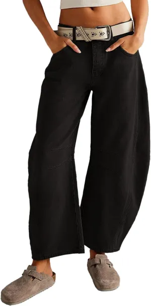 HOTIAN Barrel Jeans Women Wide Leg Mid Rise Barrel Denim Pants Vintage Horseshoe Jeans Pockets