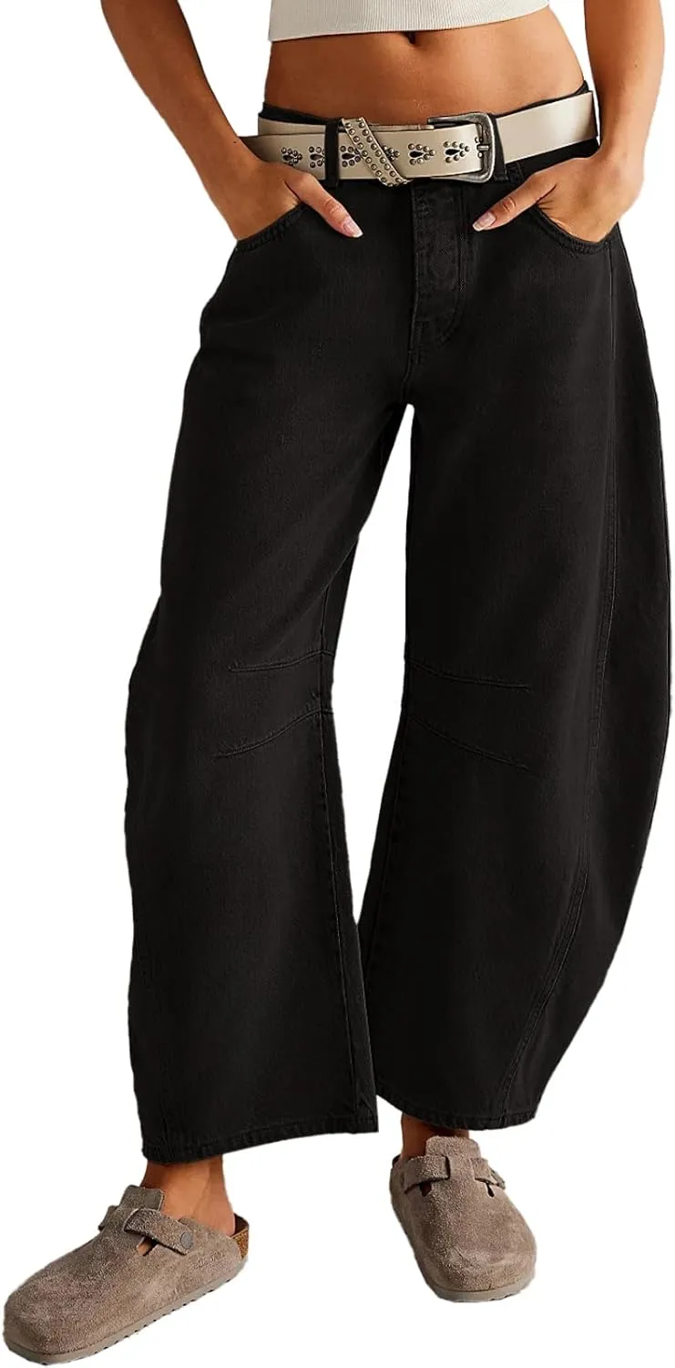 HOTIAN Barrel Jeans Women Wide Leg Mid Rise Barrel Denim Pants Vintage Horseshoe Jeans Pockets
