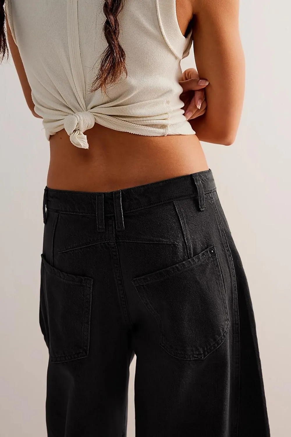 HOTIAN Barrel Jeans Women Wide Leg Mid Rise Barrel Denim Pants Vintage Horseshoe Jeans Pockets