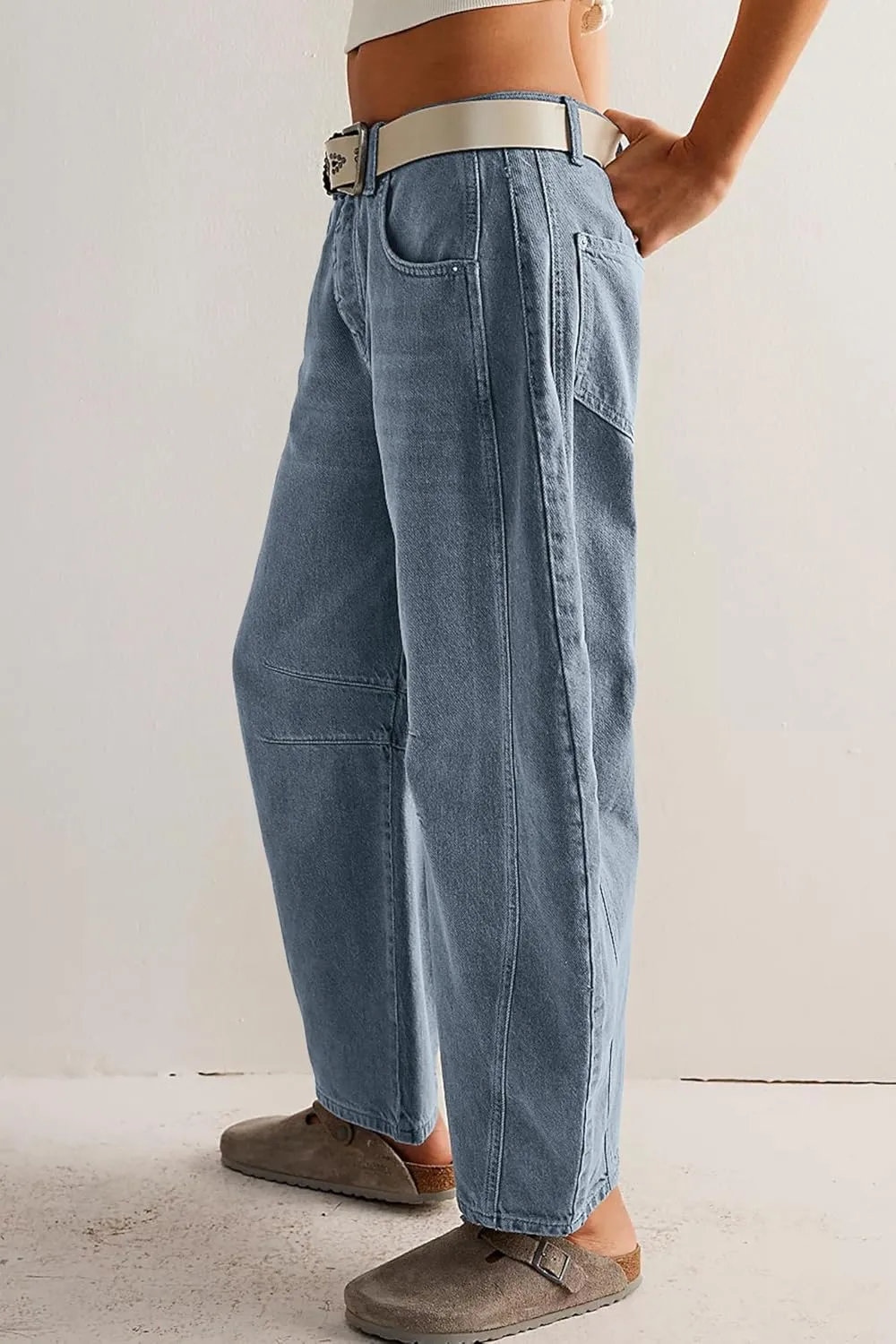 HOTIAN Barrel Jeans Women Wide Leg Mid Rise Barrel Denim Pants Vintage Horseshoe Jeans Pockets