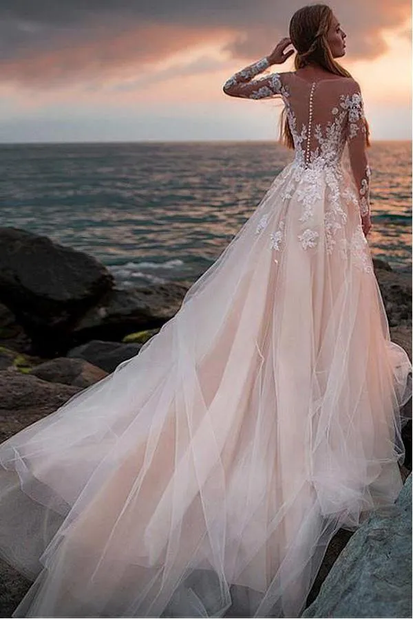 Ivory Tulle Long Sleeves Beach Wedding Dresses, Lace Wedding Gown, SW520