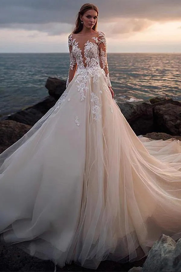 Ivory Tulle Long Sleeves Beach Wedding Dresses, Lace Wedding Gown, SW520