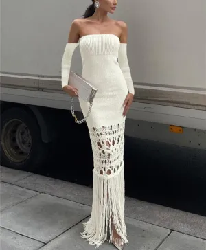 Knitted Tassel Solid Maxi Dress Women Elegant Off Shoulder Long Sleeve Hollow Out Robe Slim Female Partywear Clothing