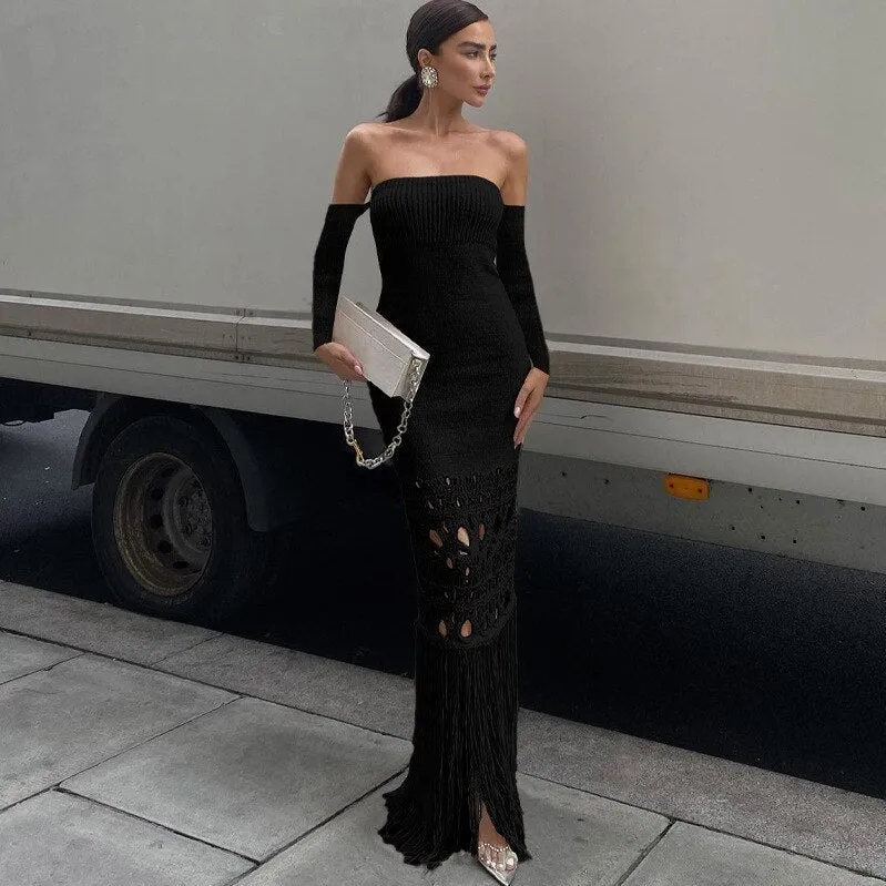 Knitted Tassel Solid Maxi Dress Women Elegant Off Shoulder Long Sleeve Hollow Out Robe Slim Female Partywear Clothing
