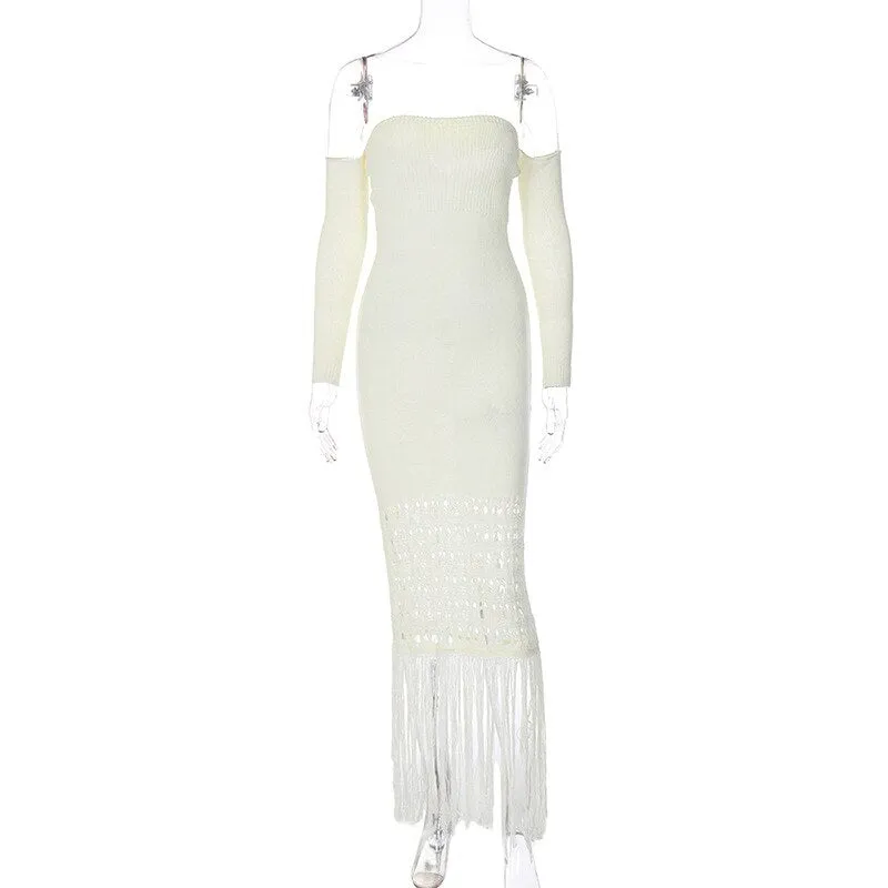 Knitted Tassel Solid Maxi Dress Women Elegant Off Shoulder Long Sleeve Hollow Out Robe Slim Female Partywear Clothing