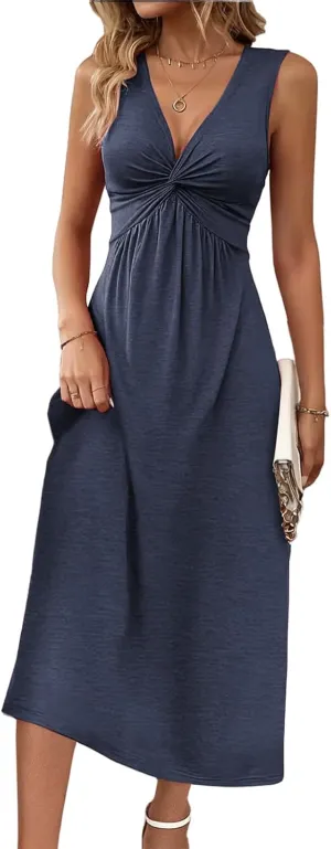 Knotted Front Dresses for Women Sleeveless Tank Dress A Line V Neck Dresses Ruffle Summer Elegant Tunic Midi Sundress