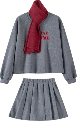 Ladies 2 Piece Sweatshirt Skirt Set Printed Top Pleated Bottom Comfortable Stylish Easy Care Female Outfit