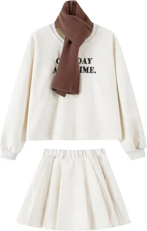 Ladies 2 Piece Sweatshirt Skirt Set Printed Top Pleated Bottom Comfortable Stylish Easy Care Female Outfit