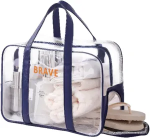 Large Waterproof PVC Toiletry Bag for Women, Swim Gym Beach Bag - Clear Transparent Organizer, Cosmetic Makeup Travel Accessories Tote Bag (Blue)