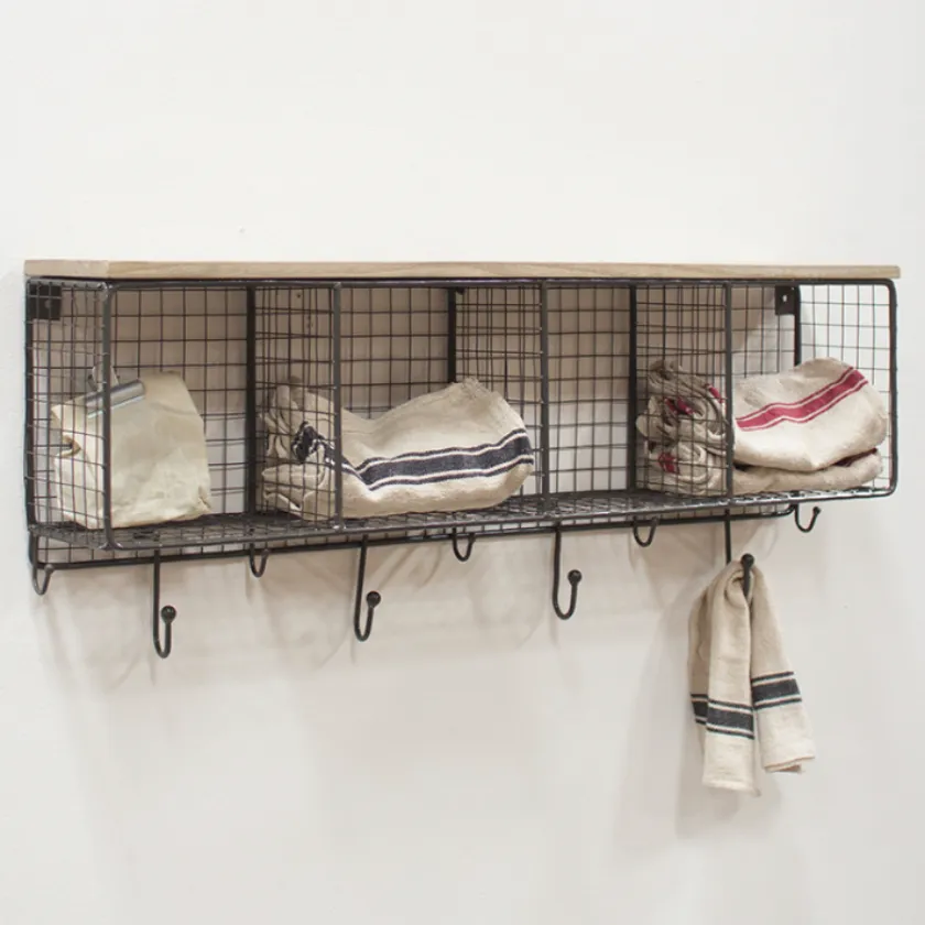 Large Wire Mesh Four Horizontal Cubbies with Wooden Top