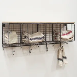 Large Wire Mesh Four Horizontal Cubbies with Wooden Top