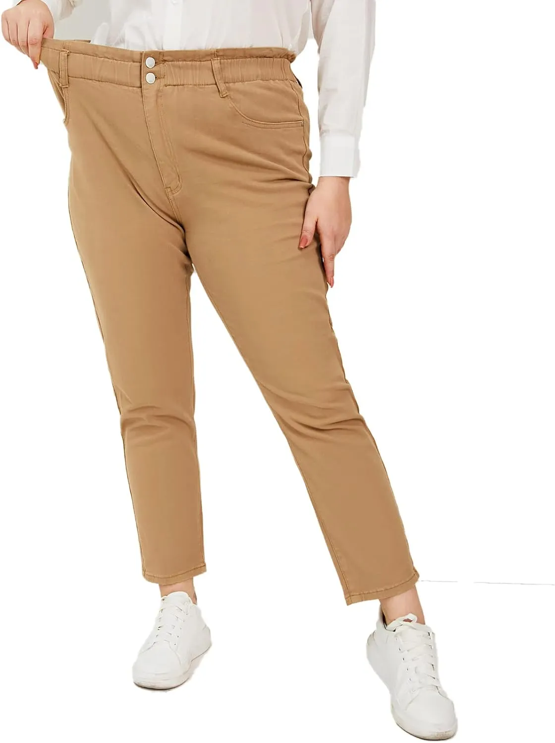LEIJIJEANS Plus Size Khaki Jeans for Women Tapered Women Jeans Full Length Mom High Waist Tall Loose Harem Denim Pants