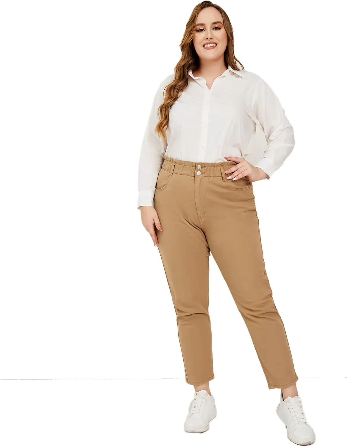 LEIJIJEANS Plus Size Khaki Jeans for Women Tapered Women Jeans Full Length Mom High Waist Tall Loose Harem Denim Pants