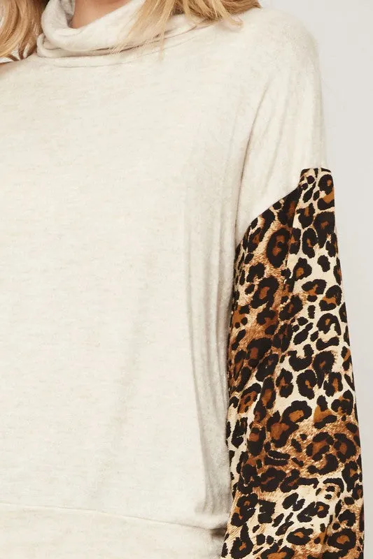 Leopard Sleeve Cowl Neck Top