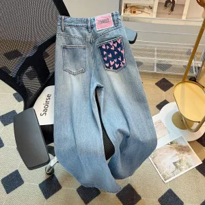 Light Blue Heart Pocket Straight-Leg Jeans for Women - 2025 Spring New High-Waisted Slimming Loose Pants