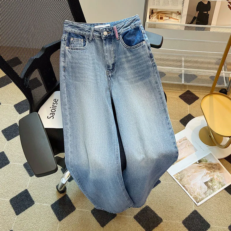 Light Blue Heart Pocket Straight-Leg Jeans for Women - 2025 Spring New High-Waisted Slimming Loose Pants