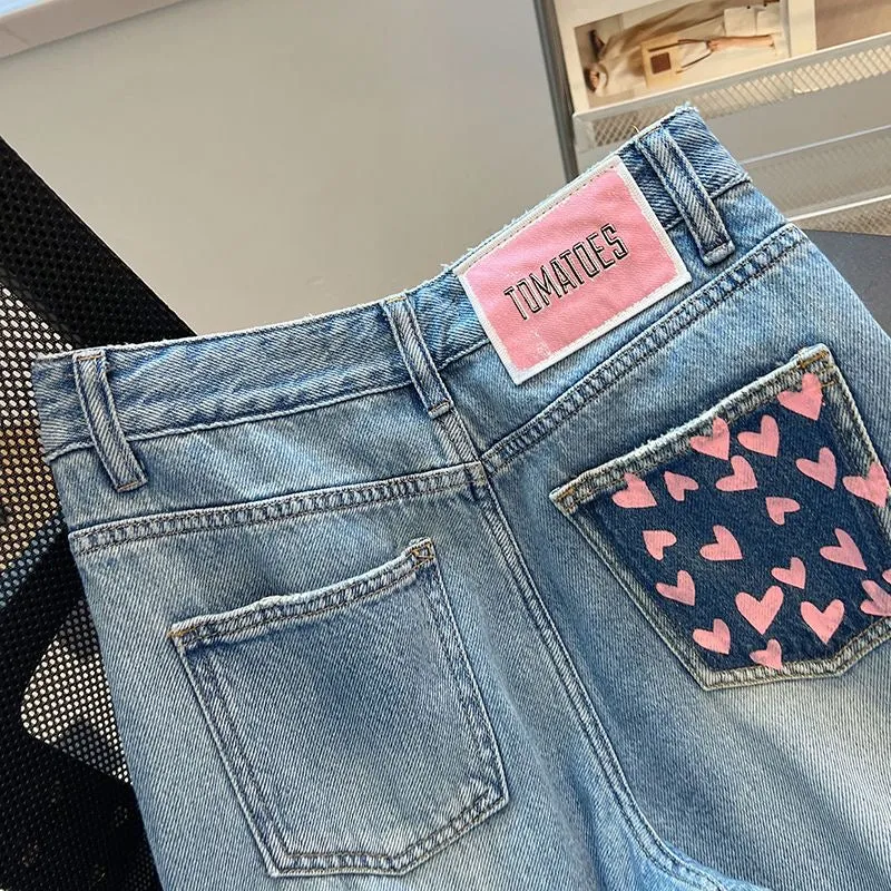 Light Blue Heart Pocket Straight-Leg Jeans for Women - 2025 Spring New High-Waisted Slimming Loose Pants