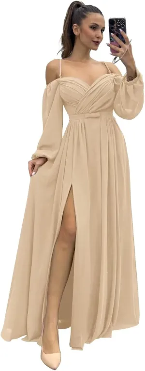 Long Sleeves Bridesmaid Dresses with Pockets for Wedding Chiffon Ruched Maxi Evening Party Dresses for Women