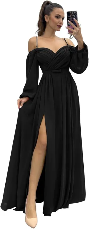 Long Sleeves Bridesmaid Dresses with Pockets for Wedding Chiffon Ruched Maxi Evening Party Dresses for Women