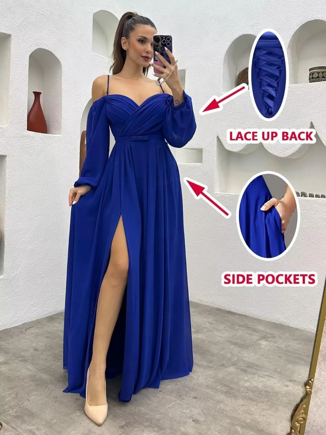 Long Sleeves Bridesmaid Dresses with Pockets for Wedding Chiffon Ruched Maxi Evening Party Dresses for Women
