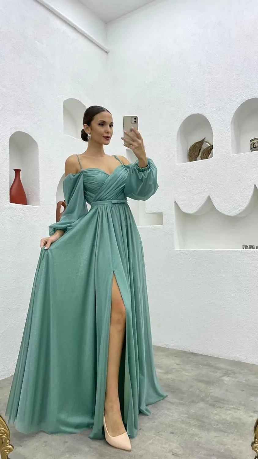 Long Sleeves Bridesmaid Dresses with Pockets for Wedding Chiffon Ruched Maxi Evening Party Dresses for Women
