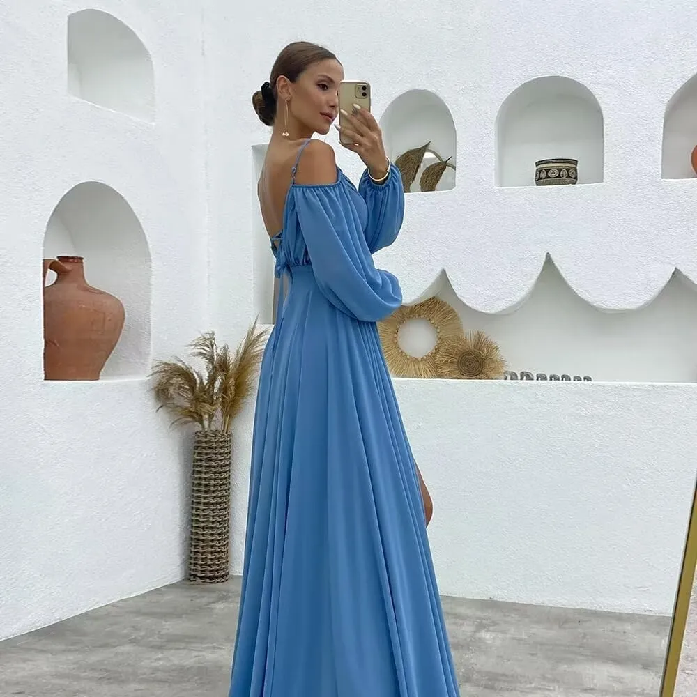 Long Sleeves Bridesmaid Dresses with Pockets for Wedding Chiffon Ruched Maxi Evening Party Dresses for Women