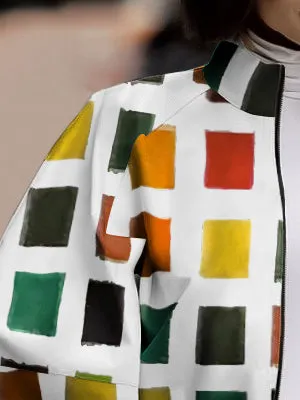 Loose Puff Sleeves Multi-Colored Plaid Stand Collar Outerwear