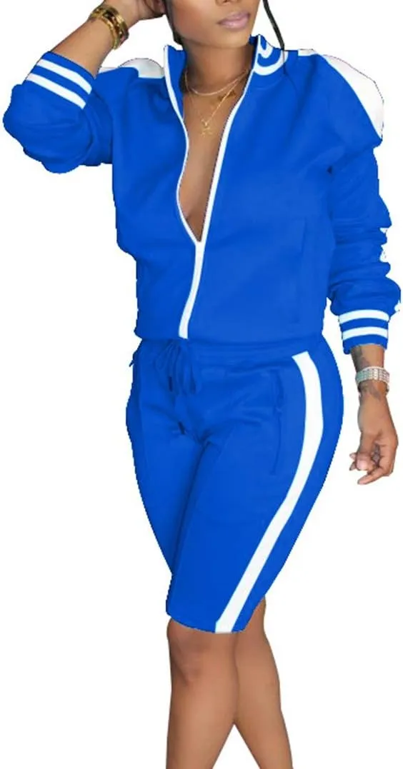 Lucuna Womens 2 Piece Shorts Set Stripe Print Lapel Neck Zipper Outerwear Top and Shorts Sweatpants Loungewear Romper