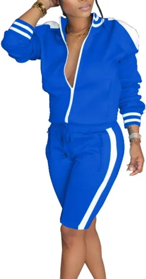 Lucuna Womens 2 Piece Shorts Set Stripe Print Lapel Neck Zipper Outerwear Top and Shorts Sweatpants Loungewear Romper