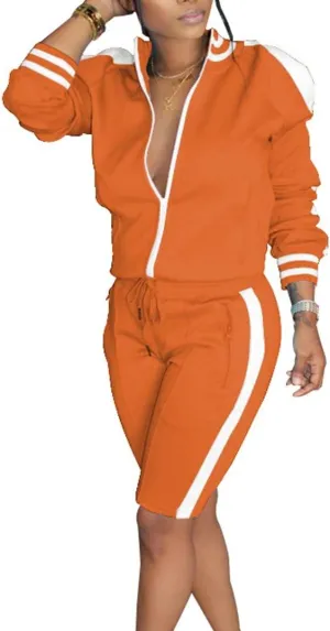 Lucuna Womens 2 Piece Shorts Set Stripe Print Lapel Neck Zipper Outerwear Top and Shorts Sweatpants Loungewear Romper